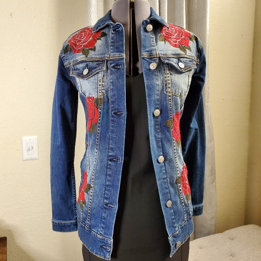 LuLaRoe Jaxon Jacket Denim Jean Embroidered Flowers Women's Size XXS EUC